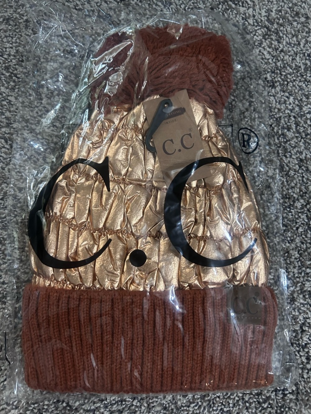 C.C Metallic Gold Quilted Beanie with Rust Pom and Cuff